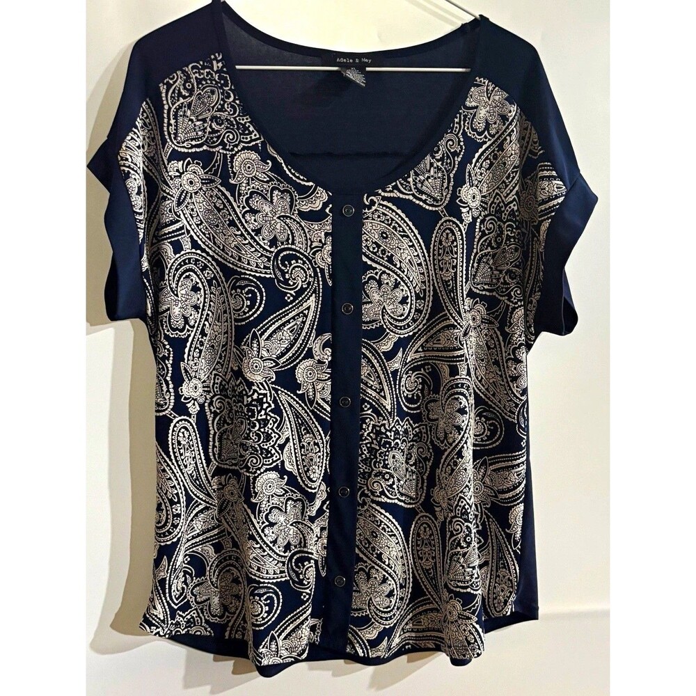 Adele & May Women’s Blouse XL Navy/White Paisley Scoop Neck Cap Slv Button